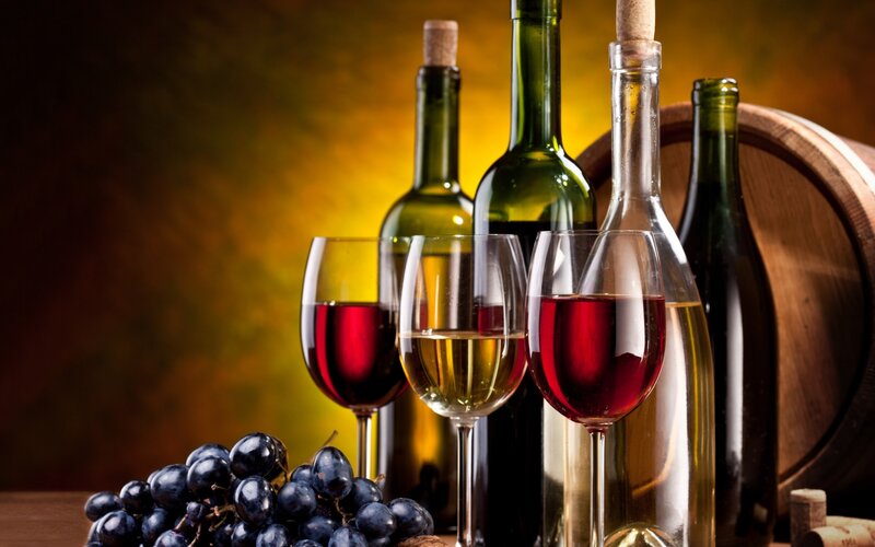 Wine Bottles and Glasses — Red