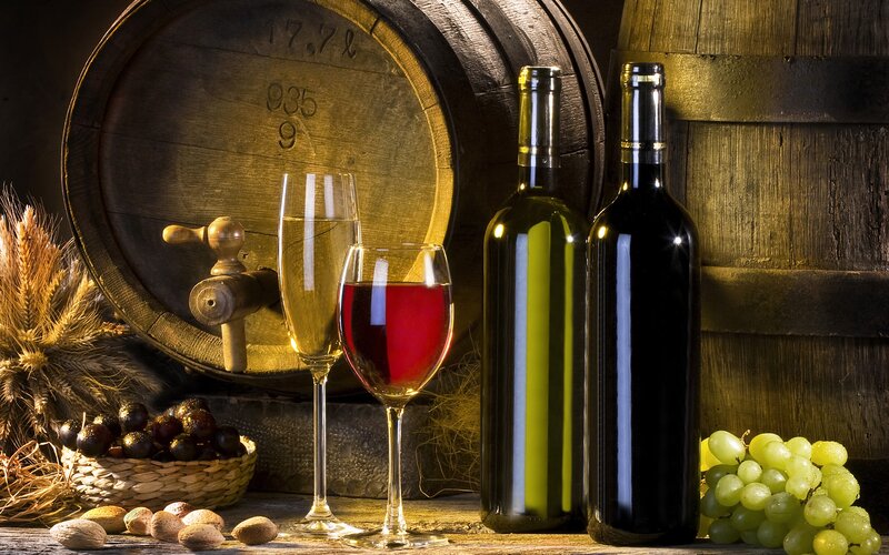 Wine Bottles and Grapes — Brown, Dramatic, Photograph, Barrel