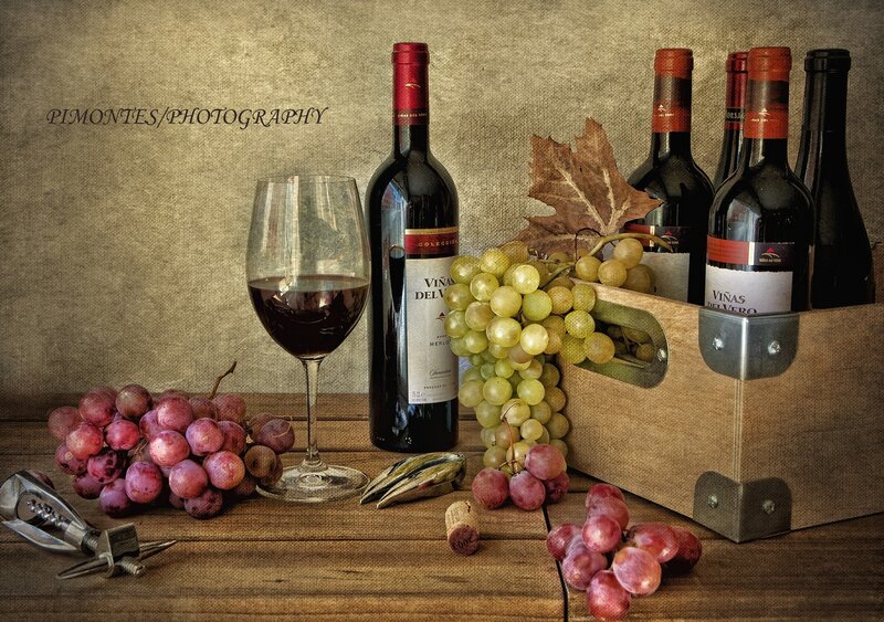 Wine Bottles and Grapes — Brown