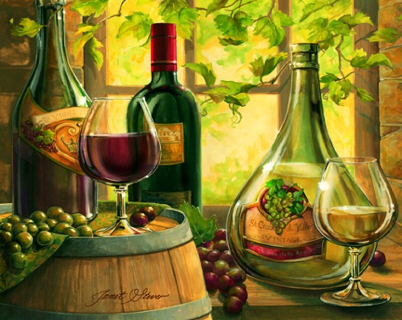 Wine Bottles and Grapes — Green, Serene, Afternoon