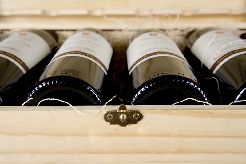 Wine bottles in a wooden box