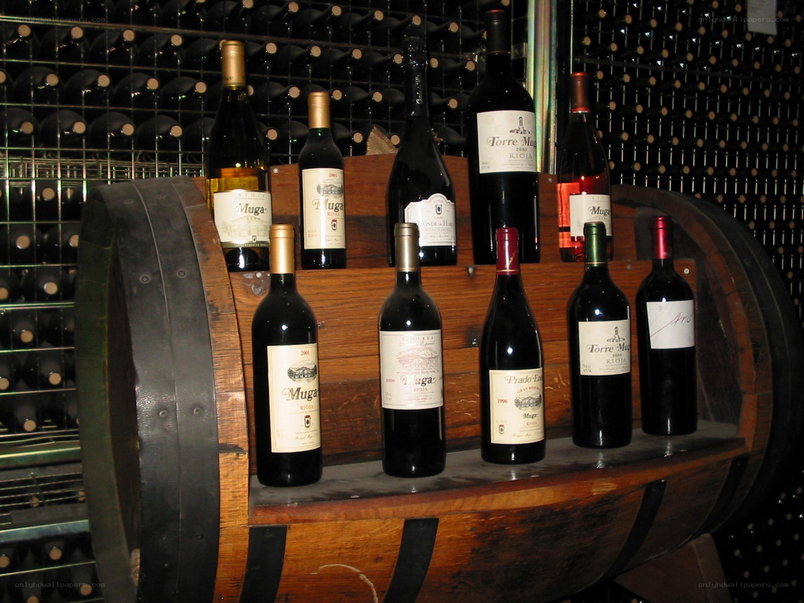 Wine bottles on a barrel