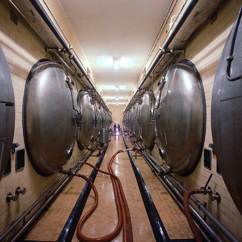 Wine fermentation tanks in cellar