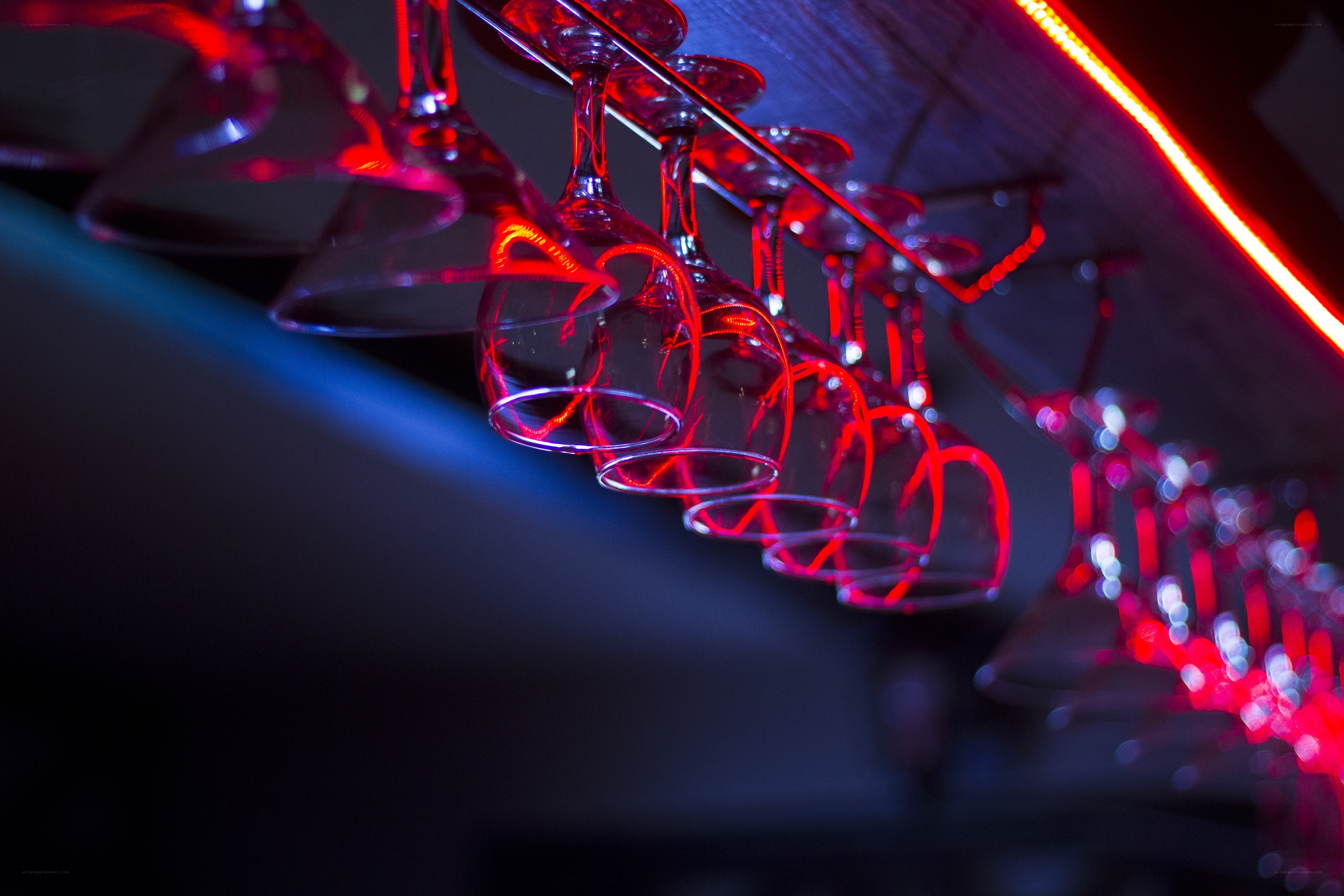 Wine glasses under neon lights