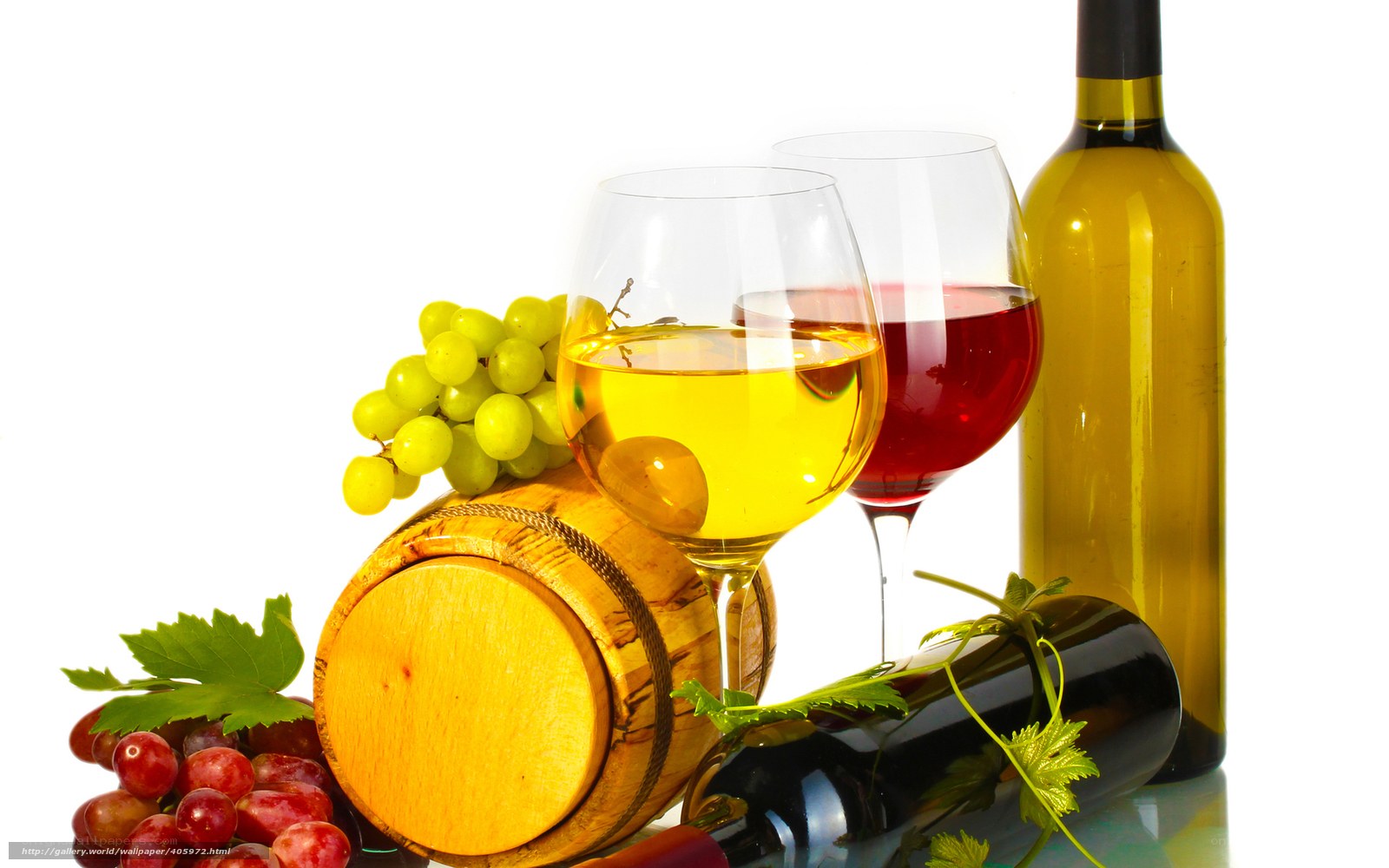 Wine glasses with grapes and barrel