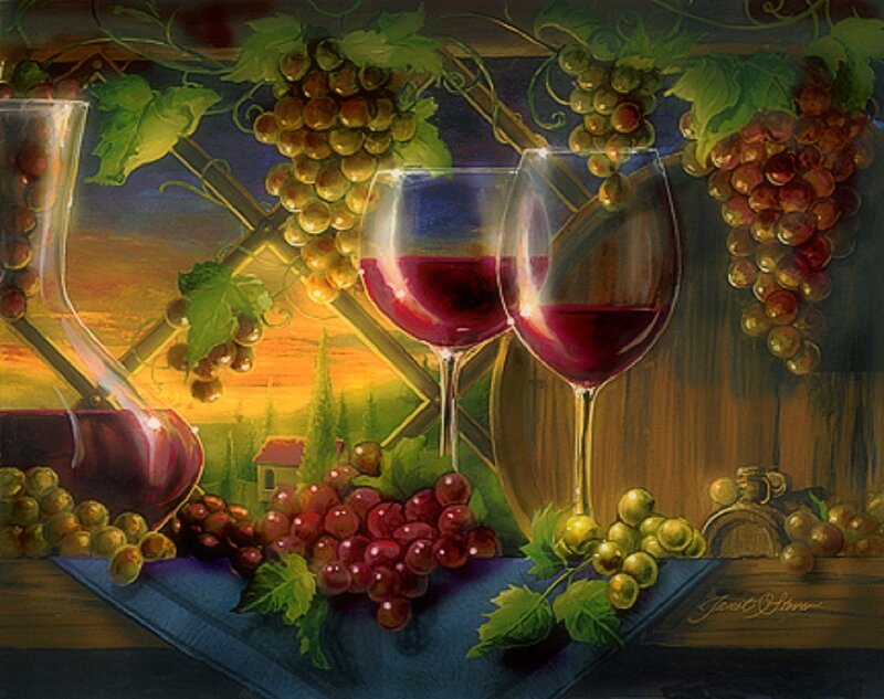 Wine Glasses with Grapes — Red, Serene