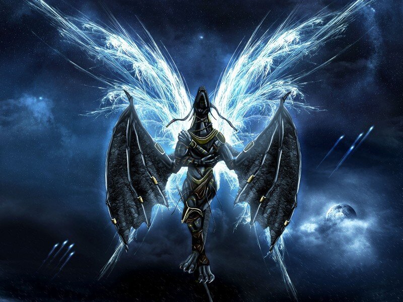 Winged Armored Figure — Blue, Dramatic, Night, Digital Art, Wings