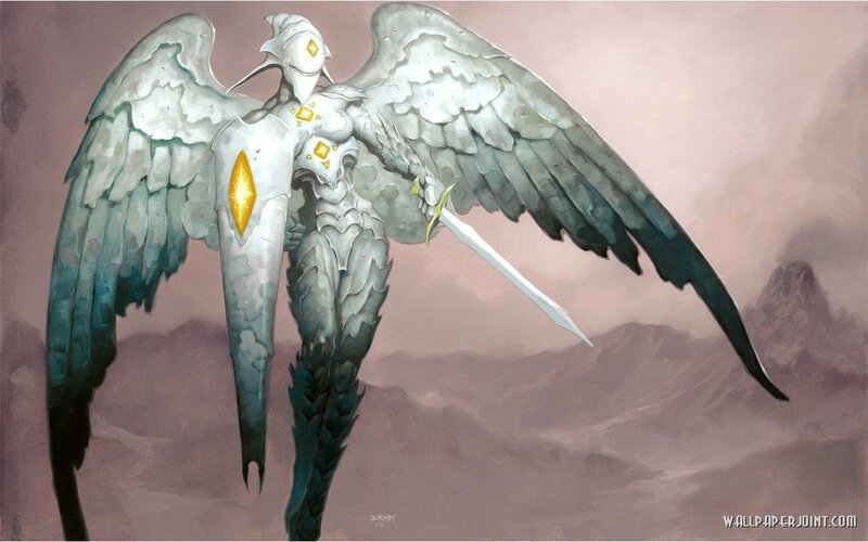Winged Armored Figure — Gray, Dramatic, Digital Art, Sword, Mountains, Armor, White