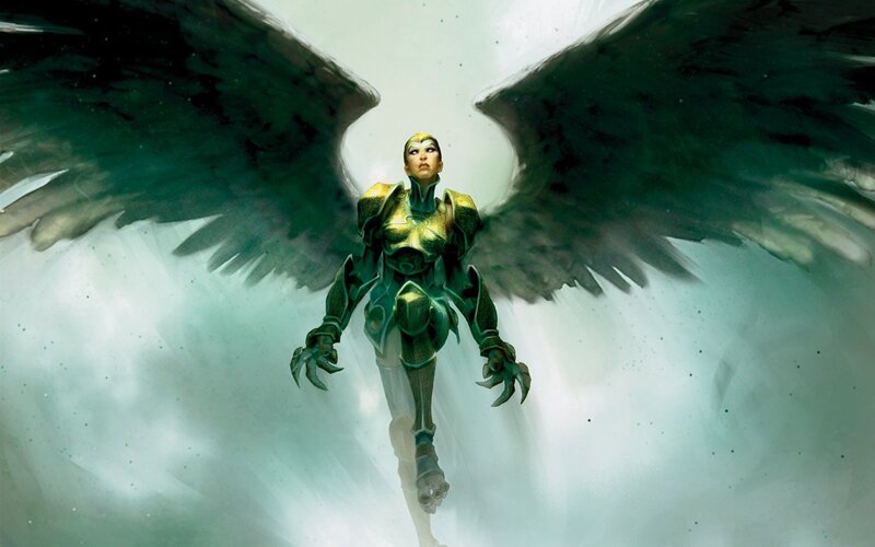 Winged Armored Figure — Green, Dramatic, Digital Art