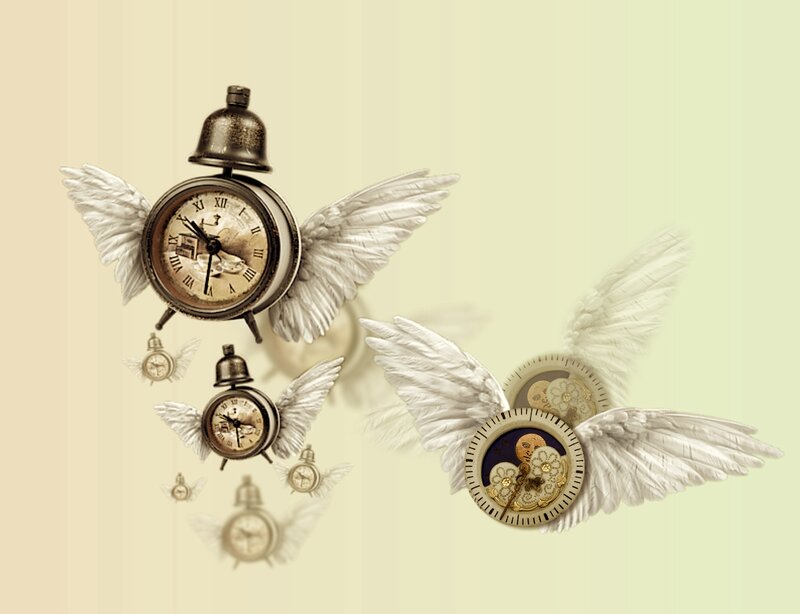 Winged Clocks Flying