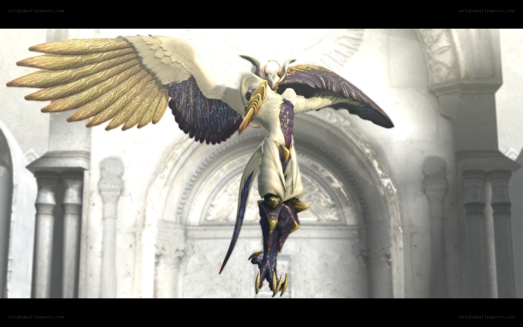 winged creature in ancient hall