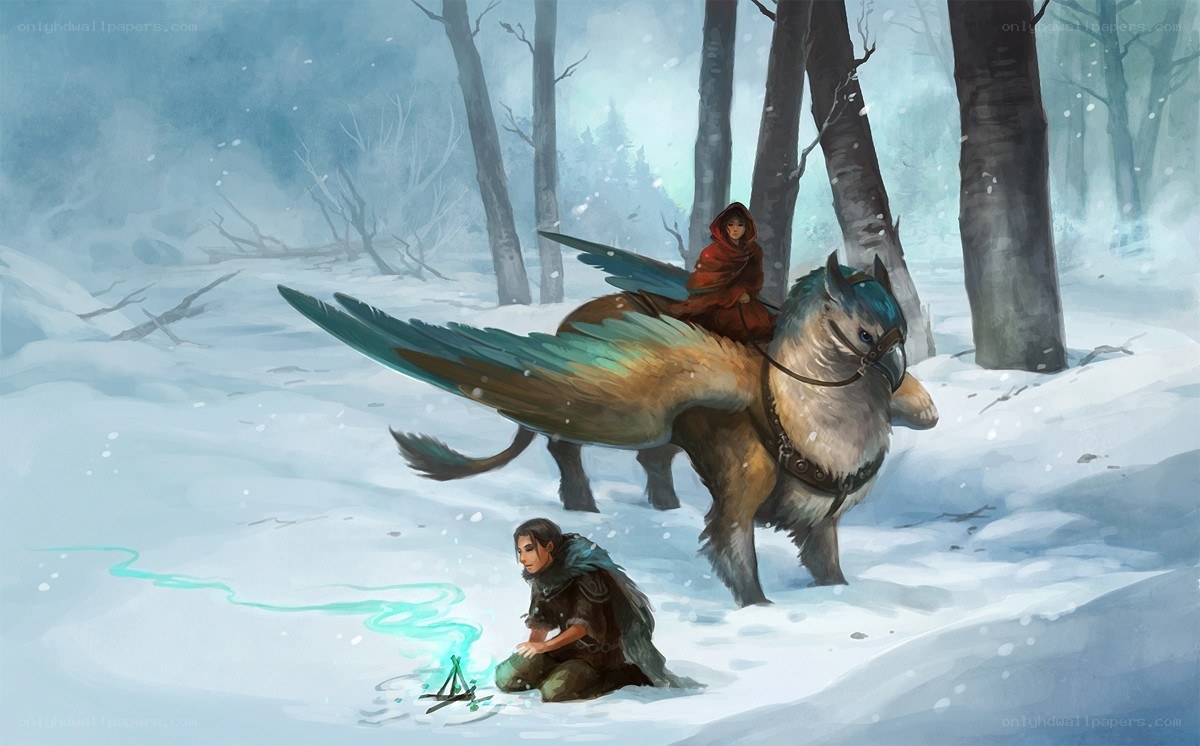 Winged creature in snowy forest