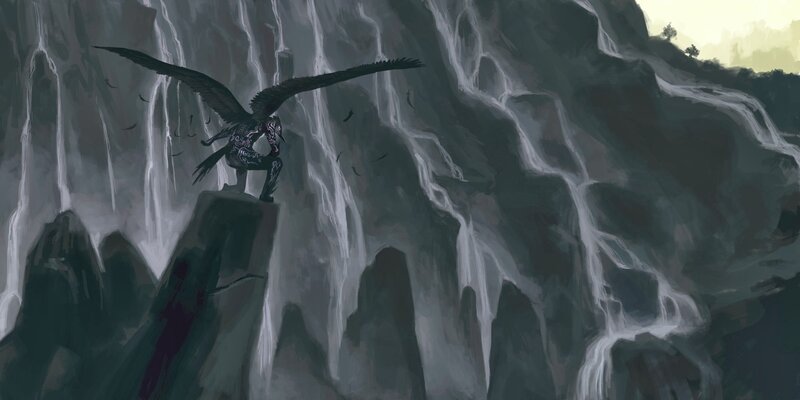Winged Creature on Cliff — Gray