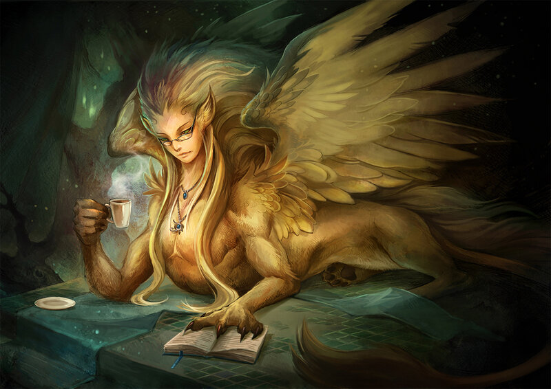 winged creature reading book