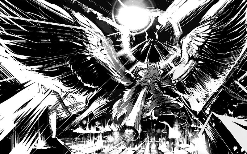winged figure in black and white