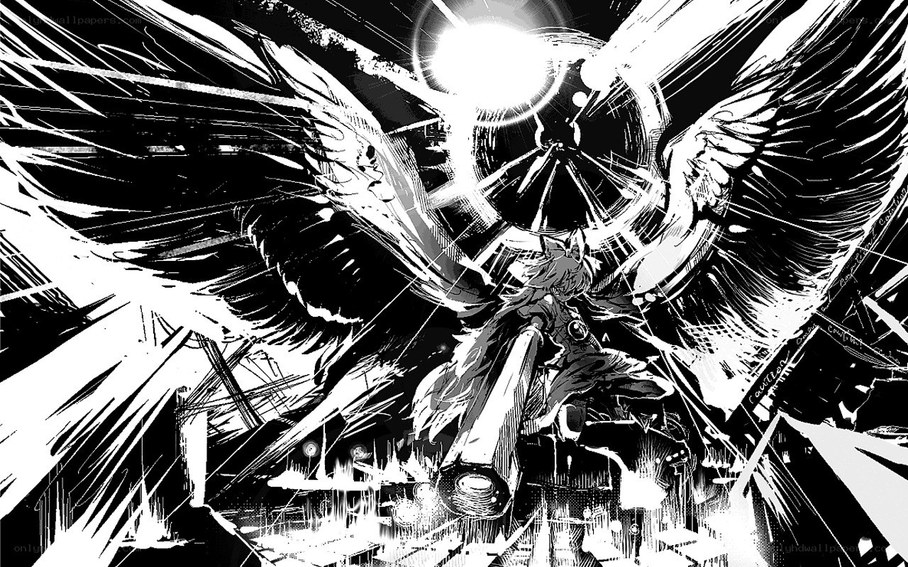winged figure in black and white