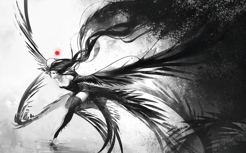 winged figure in black and white