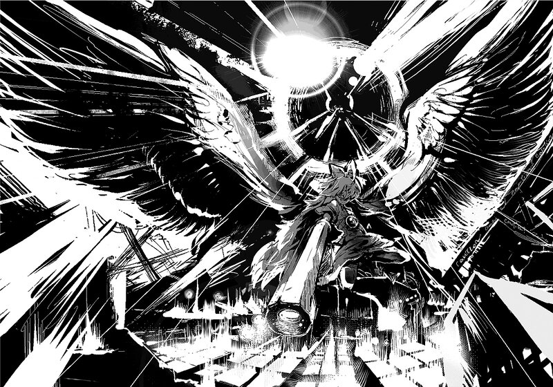 winged figure in black and white