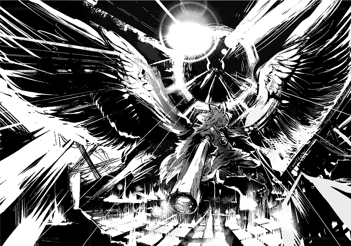 winged figure in black and white