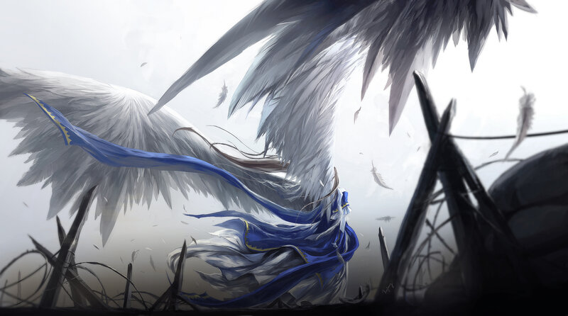 Winged Figure in Blue Robes — White, Dramatic