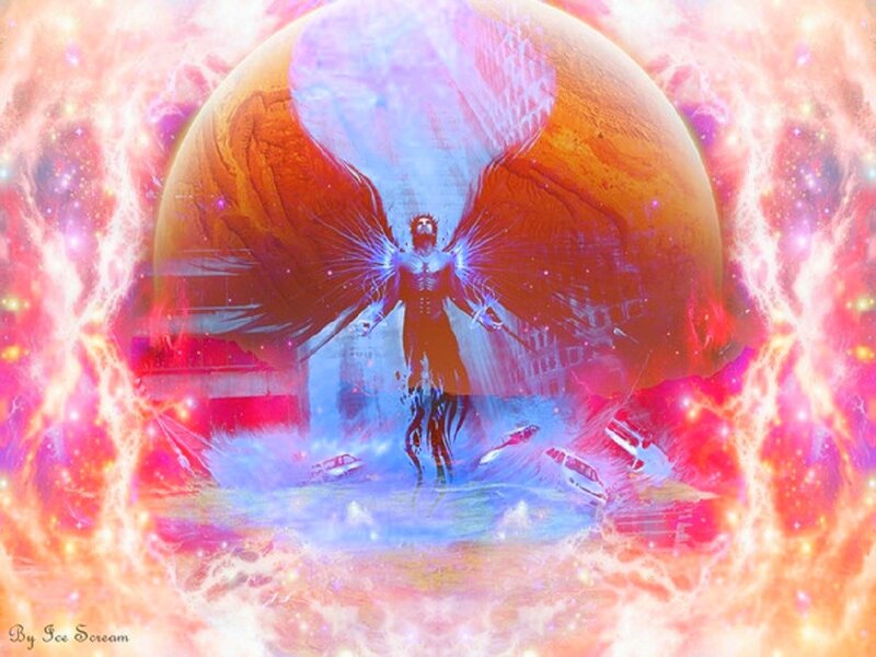 Winged Figure in Cosmic Scene