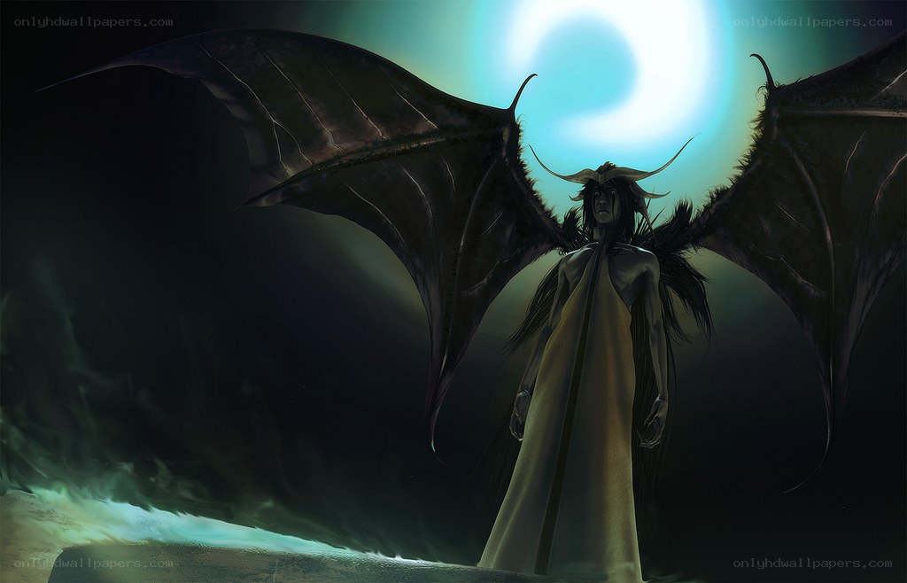 winged figure in dark landscape