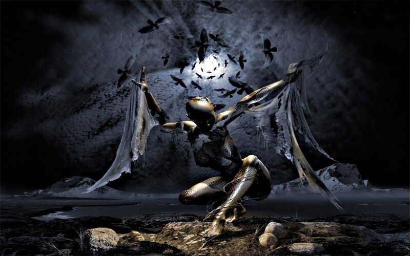 Winged Figure in Dark Landscape — Black