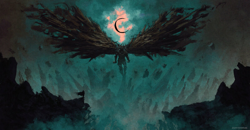 Winged Figure in Dark Landscape — Teal