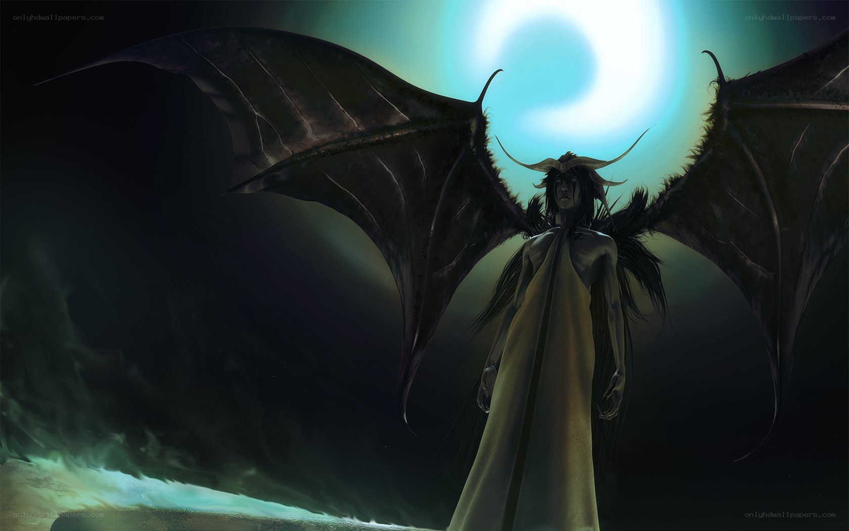 winged figure in dark landscape