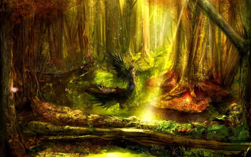 Winged Figure in Forest — Green, Serene