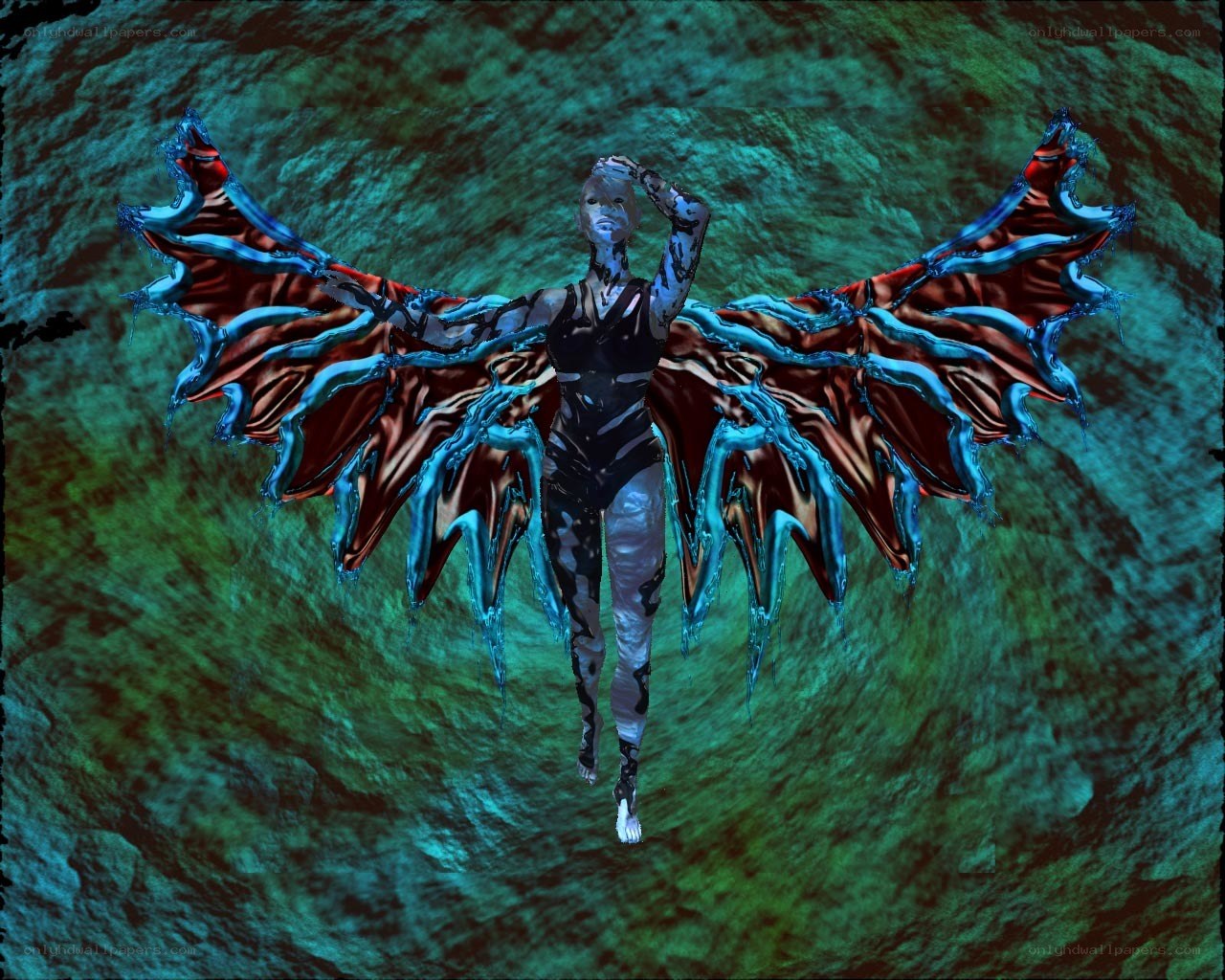 winged figure in green cave