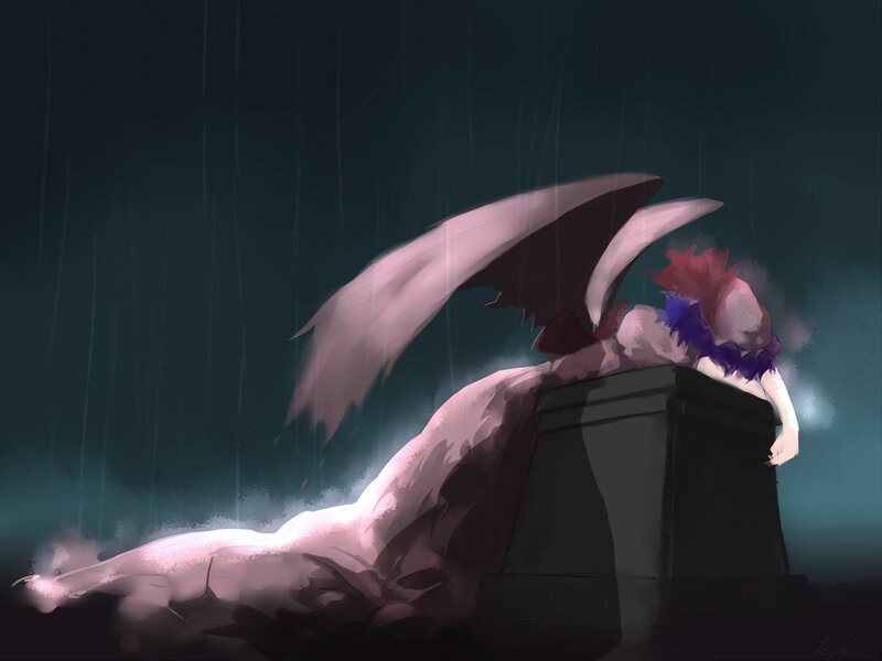 Winged Figure in Rain — Dark Blue