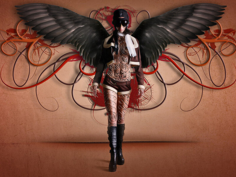 winged figure in steampunk attire