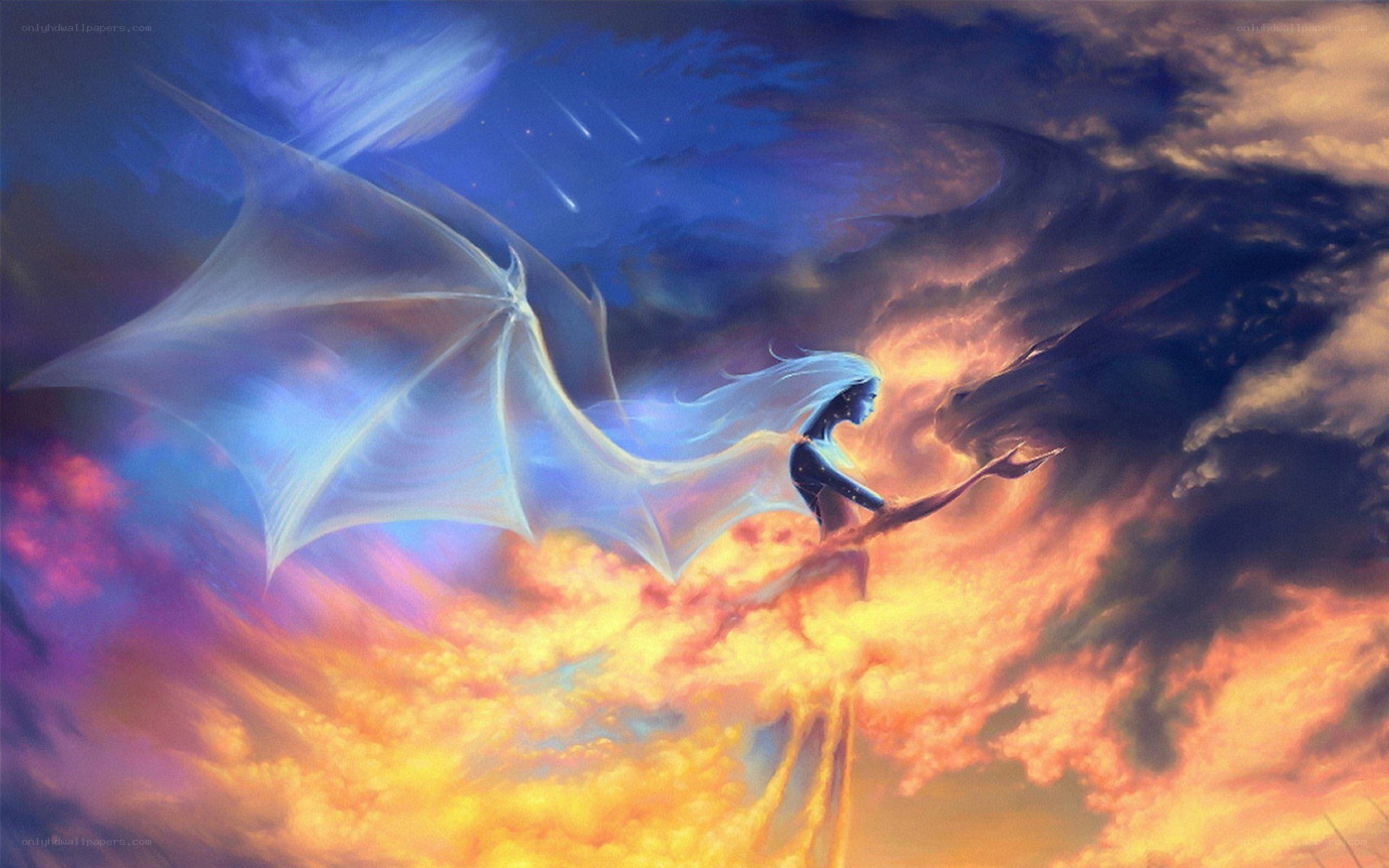 winged figure in stormy sky