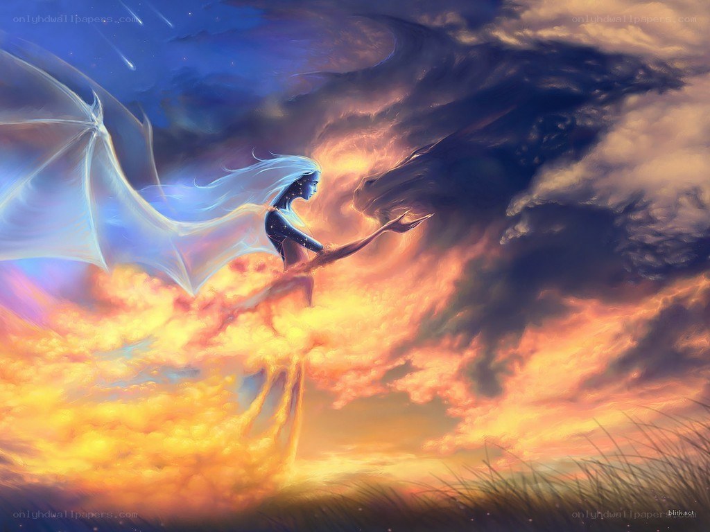 winged figure in stormy sky