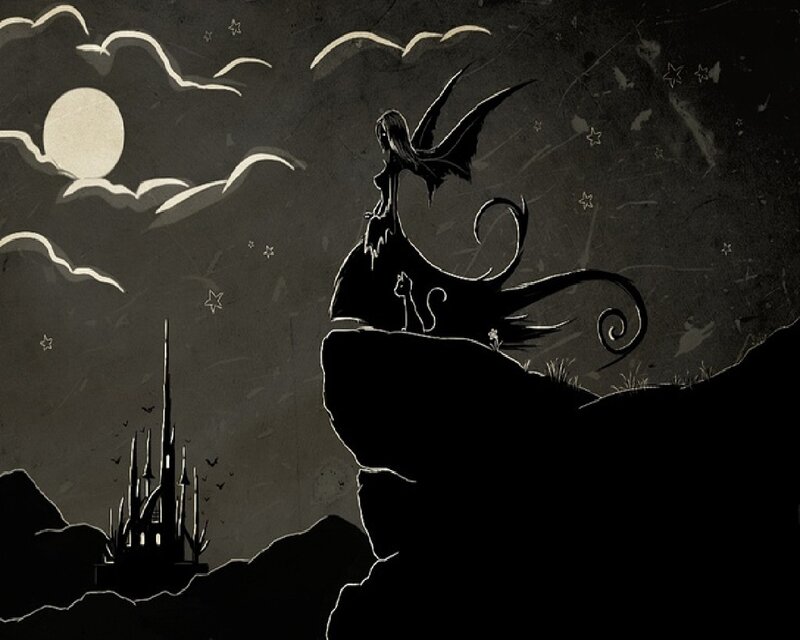 Winged Figure on Cliff — Black, Dramatic