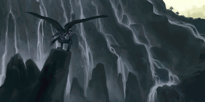 Winged Figure on Cliff — Gray