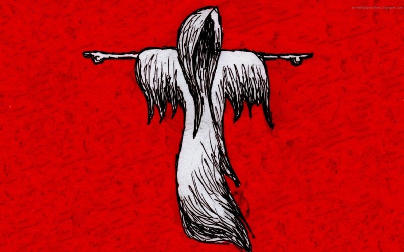 winged figure on red