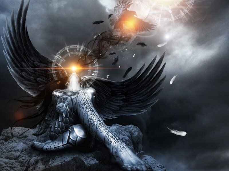 Winged Figure on Rock — Black, Dramatic, Digital Art
