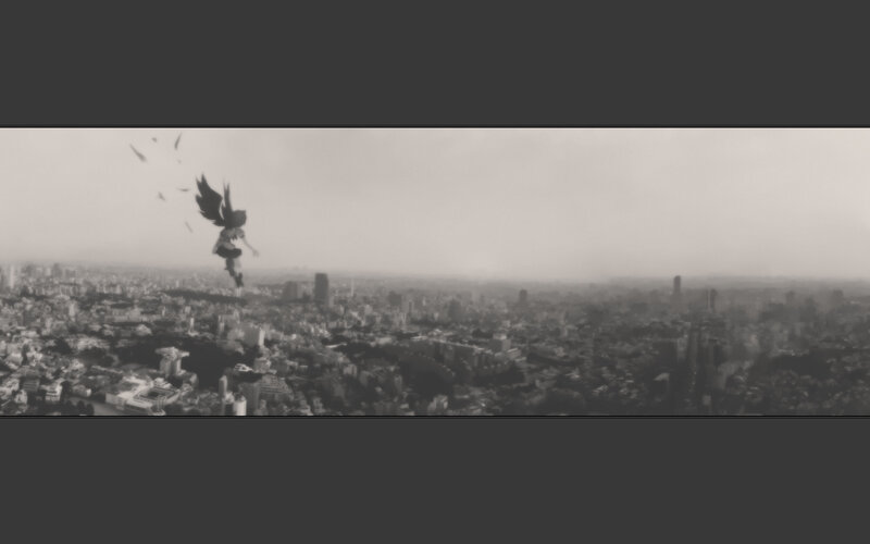 winged figure over city