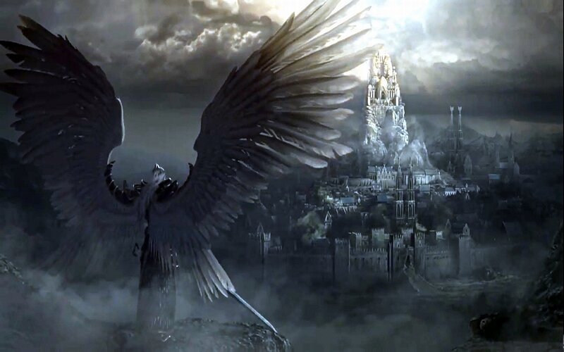 Winged Figure Overlooking City — Gray