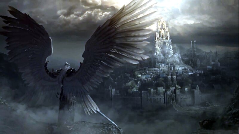 Winged Figure Overlooking City