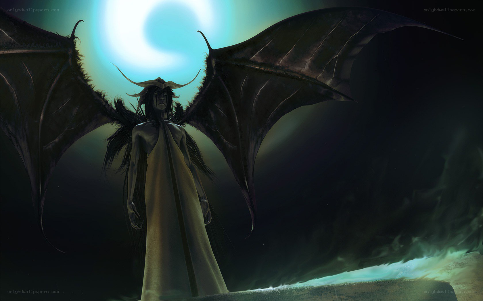 winged figure under moonlight