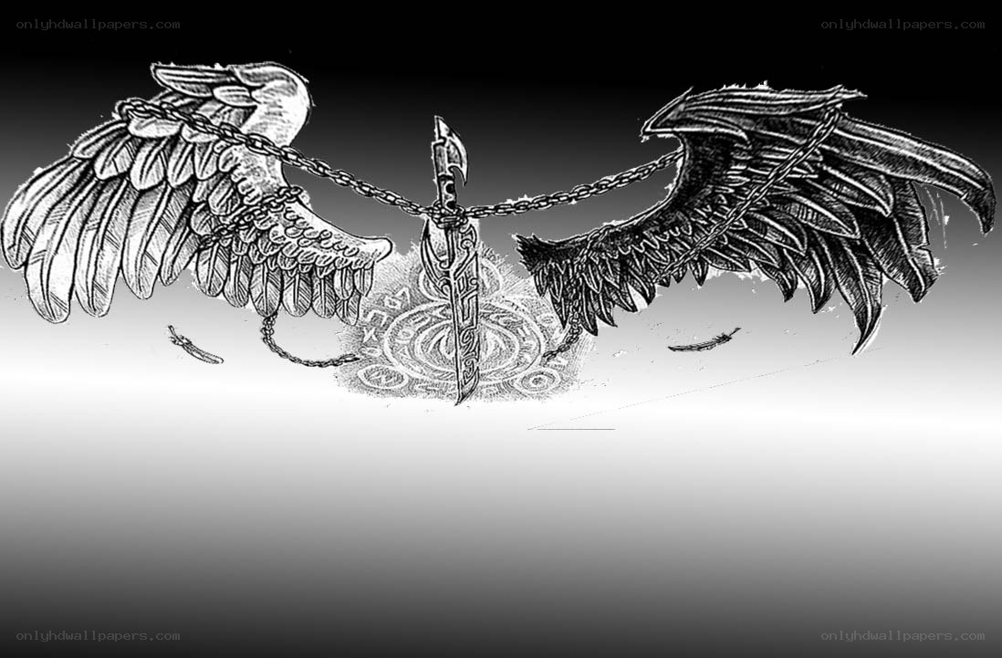 Winged figure with chains and blade