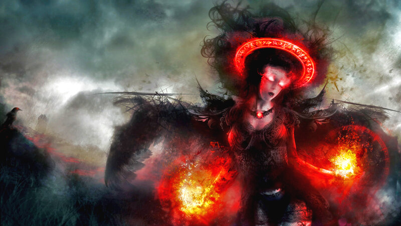 Winged Figure with Glowing Eyes — Red