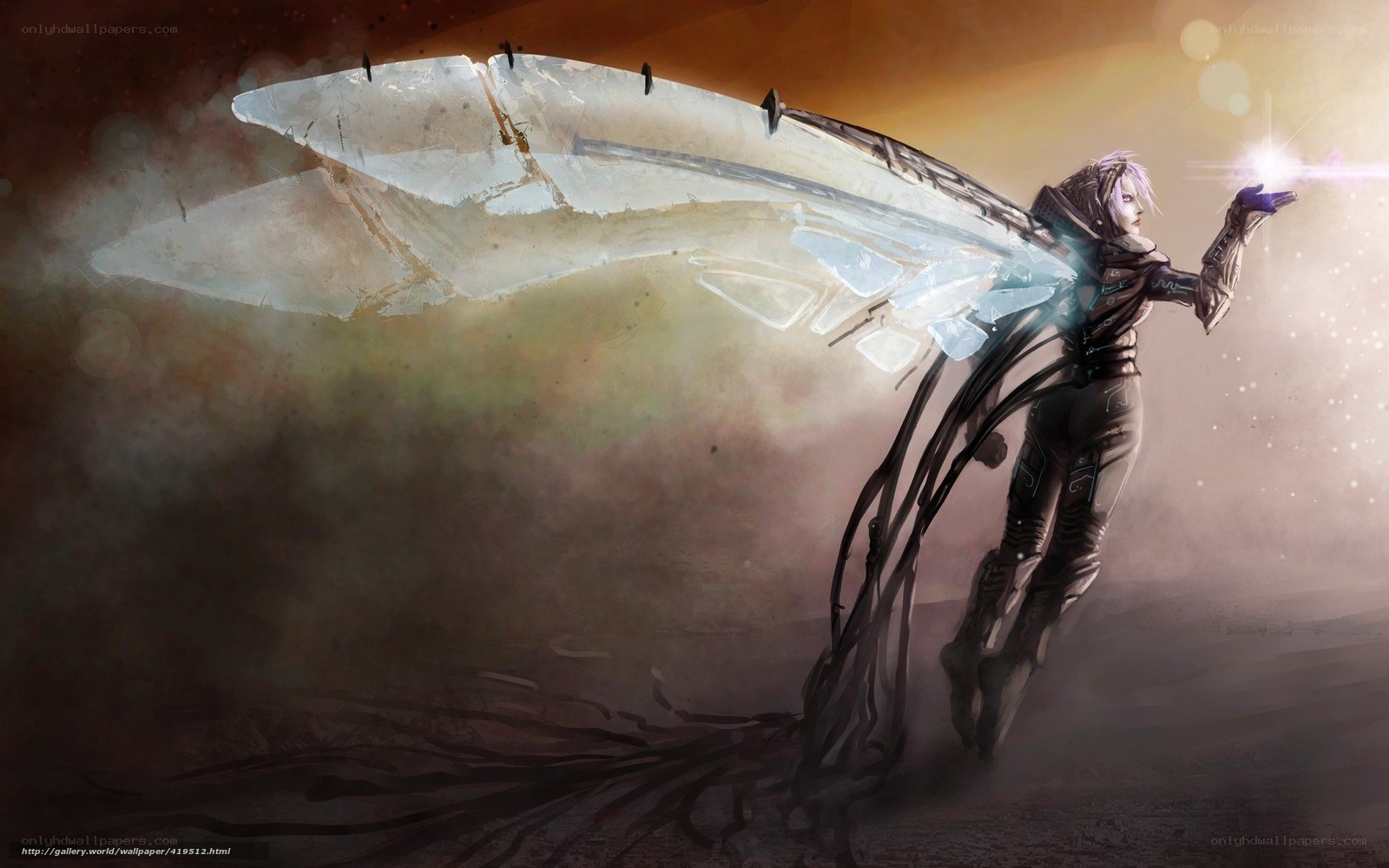 winged figure with glowing hand