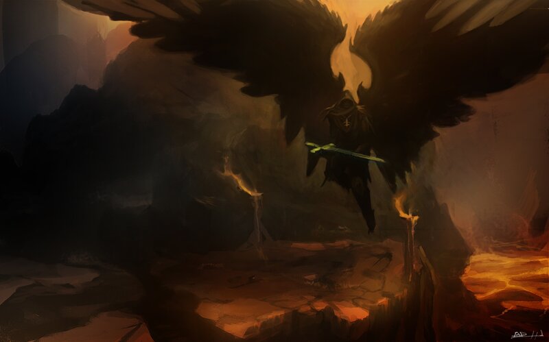 Winged Figure with Sword — Black, Dramatic, Digital Art, Wings