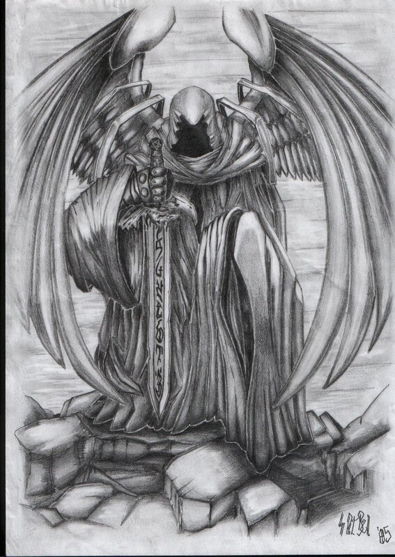 Winged Figure with Sword — Black, Dramatic, Illustration
