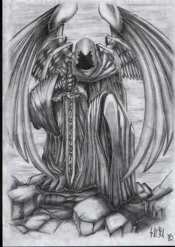 Winged Figure with Sword — Black, Dramatic, Illustration, Wings