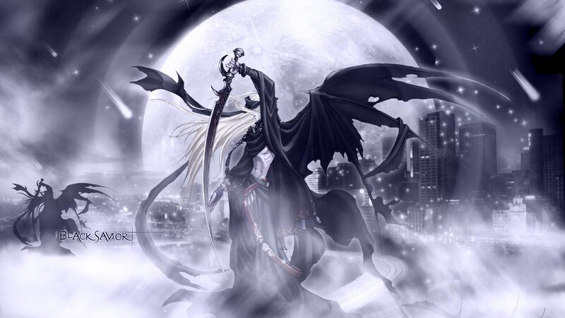 Winged Figure with Sword — Black, Dramatic, Night, Digital Art, Moon